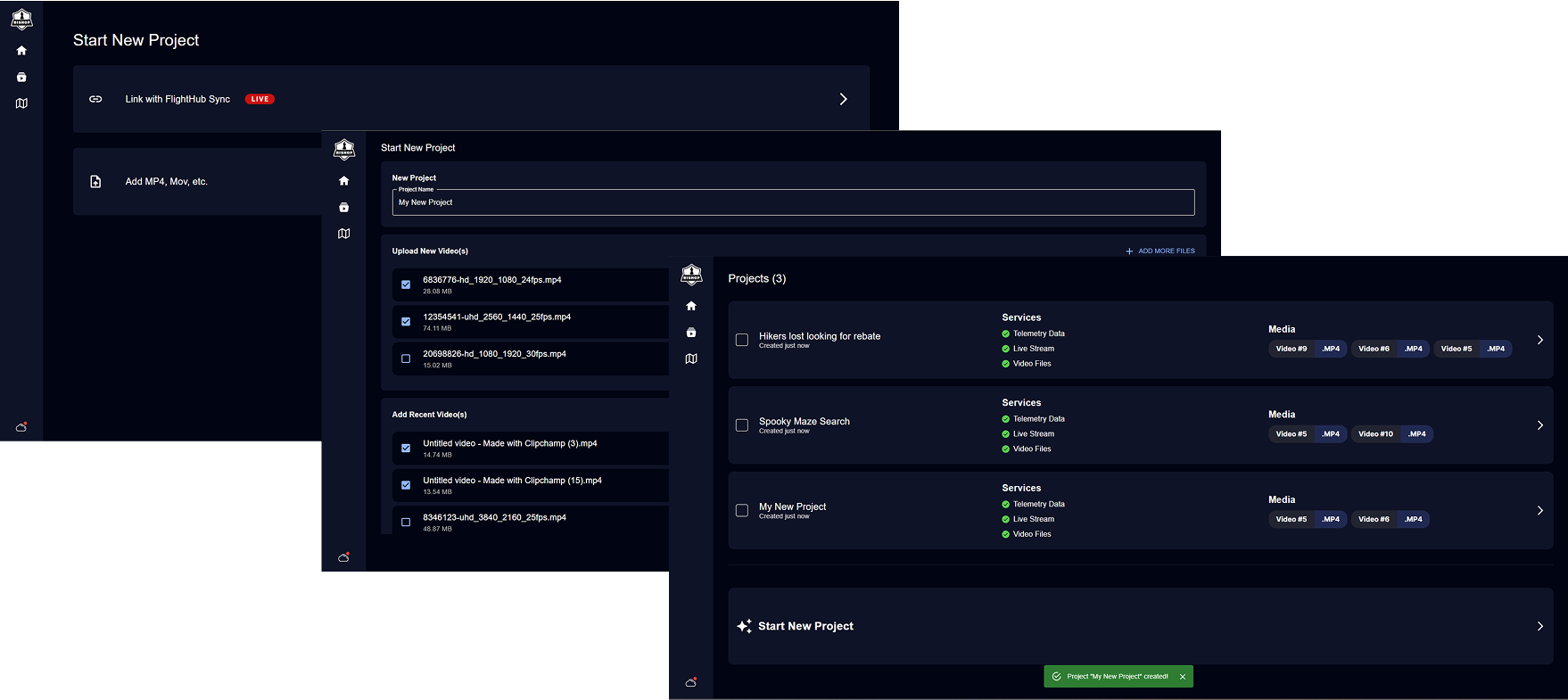 Bishop project creation, upload, and project management screens