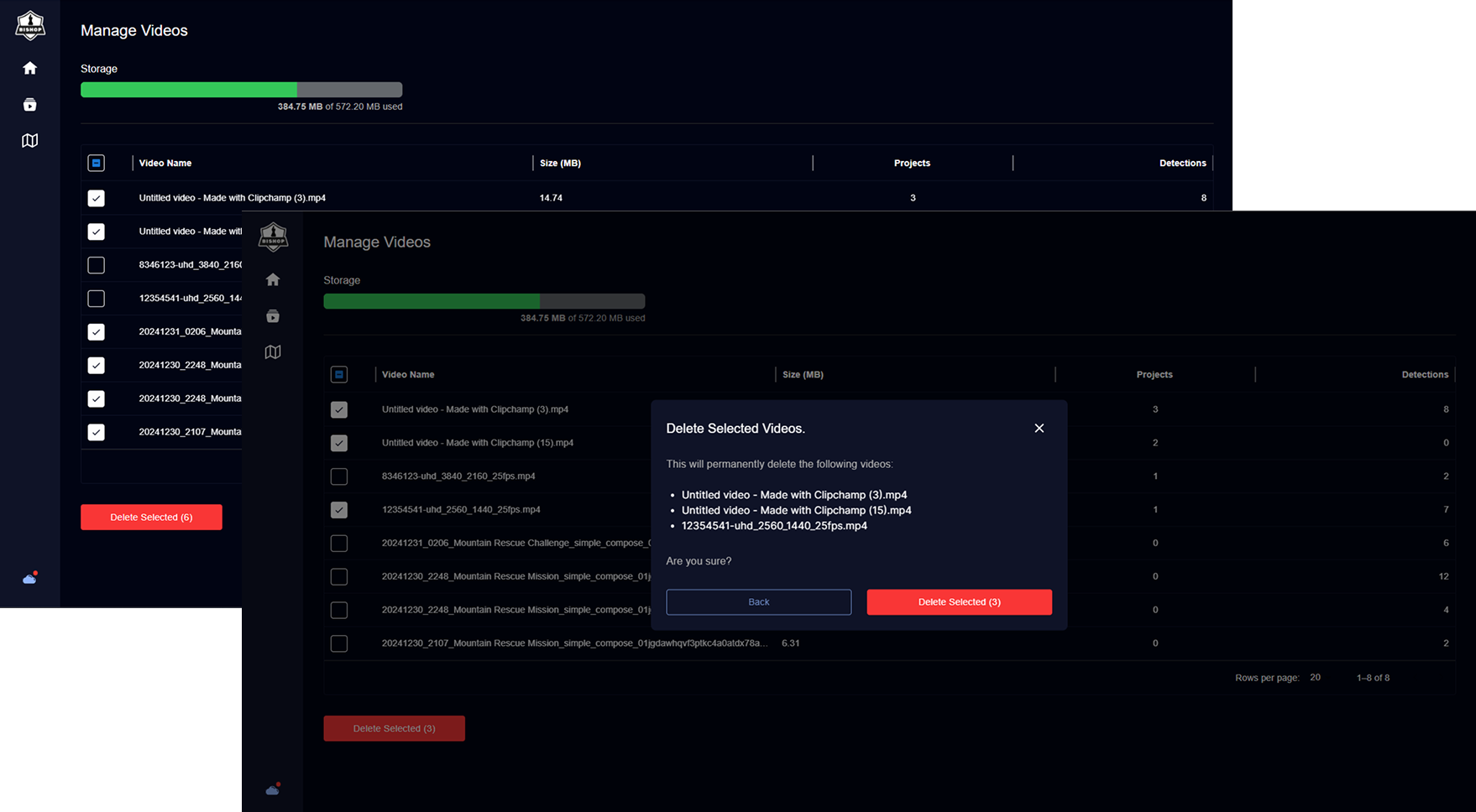 Bishop video library management and delete confirmation screens
